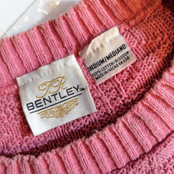 Vintage 90s Pink Cable Knit Sweater Womens M Spring Pastel Cottage Cotton Top - Picture 5 of 5